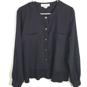 Laura & Jayne Collection Black Blouse, Gold Buttons, 3.5" Elastic Band, Size 14